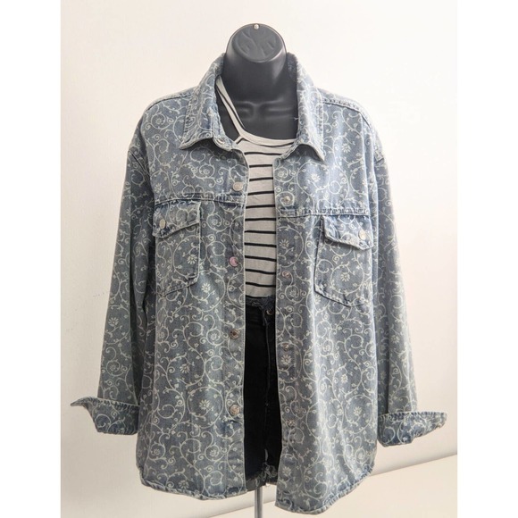 Womens Vintage Blue Denim Jean Floral Jacket STOOSH 90s Y2K Button Down Size L - Picture 4 of 13